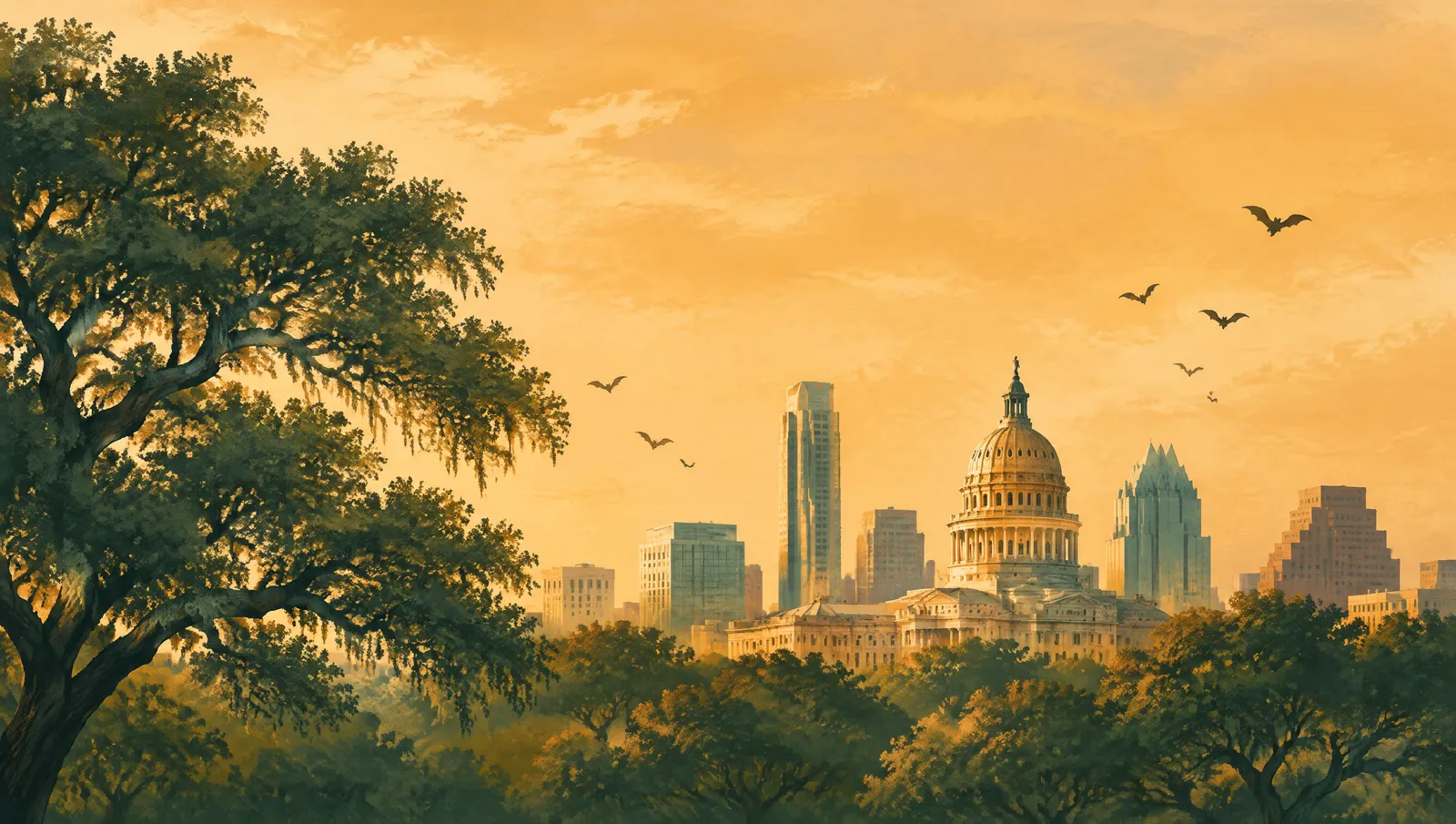 Illustration of the Austin skyline at golden hour: the State Capitol dome, live oaks, and bats in a gold sky.