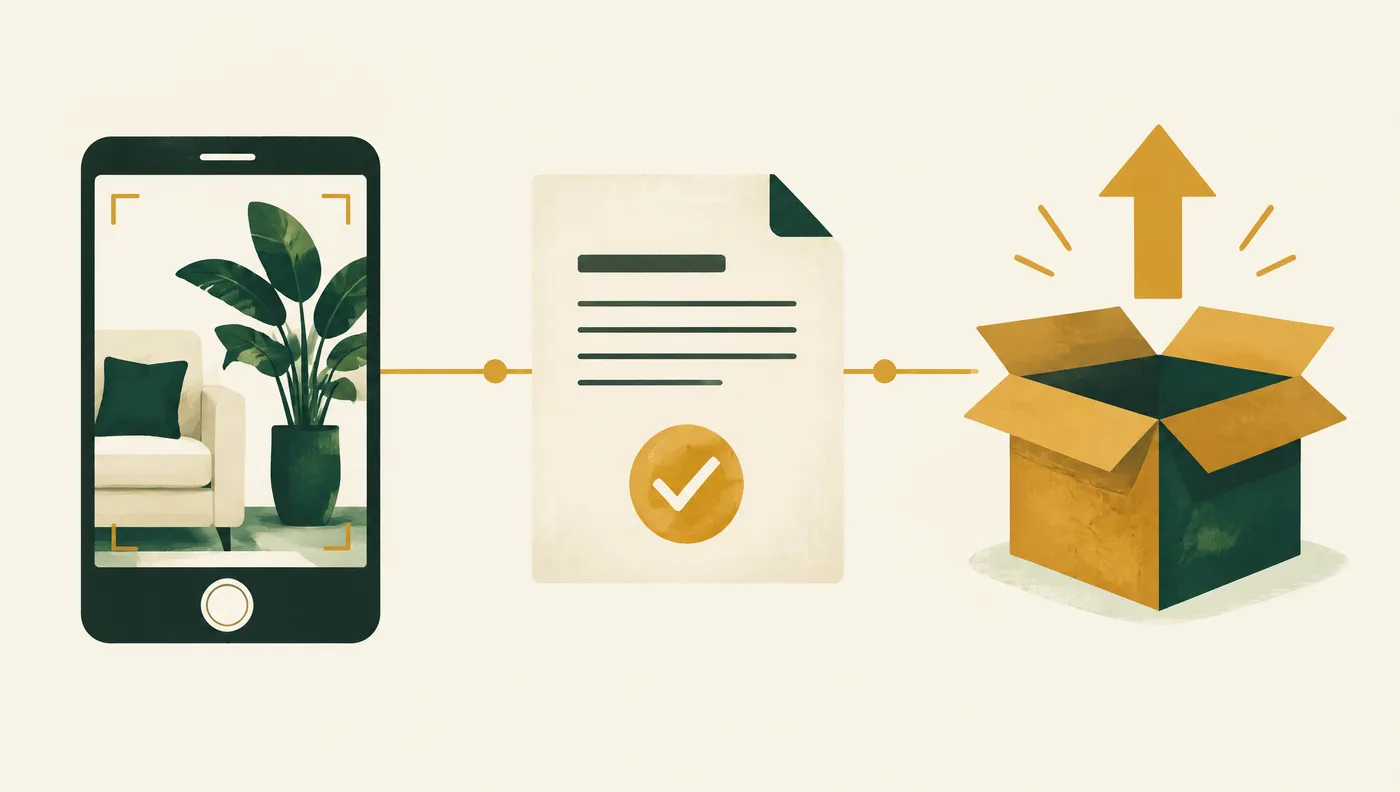 Illustration of the three steps: photograph the items with a phone, a quote document with a check mark, and an open box with an upward arrow.